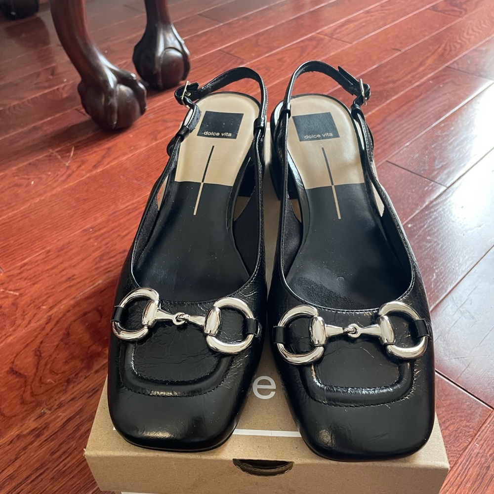 New Dolce Vita Black Patent Leather Block Heel Sling Backs- 10M